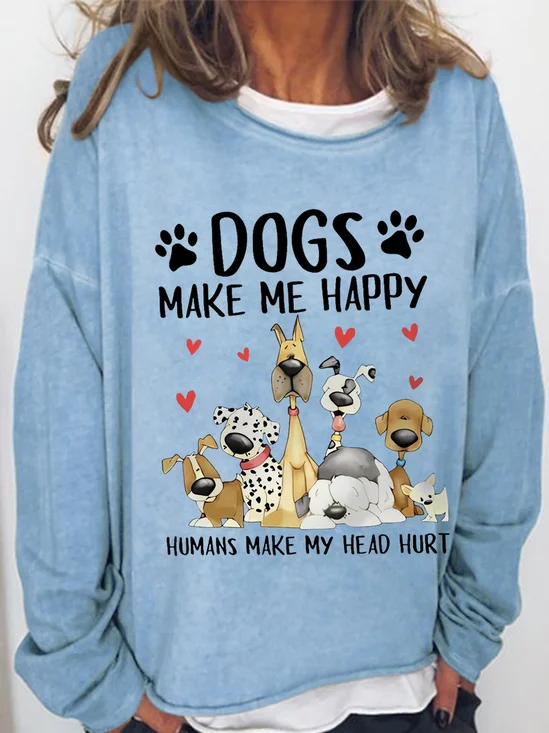 Women's Funny Word Dog Make Me Happy Crew Neck Simple Sweatshirt