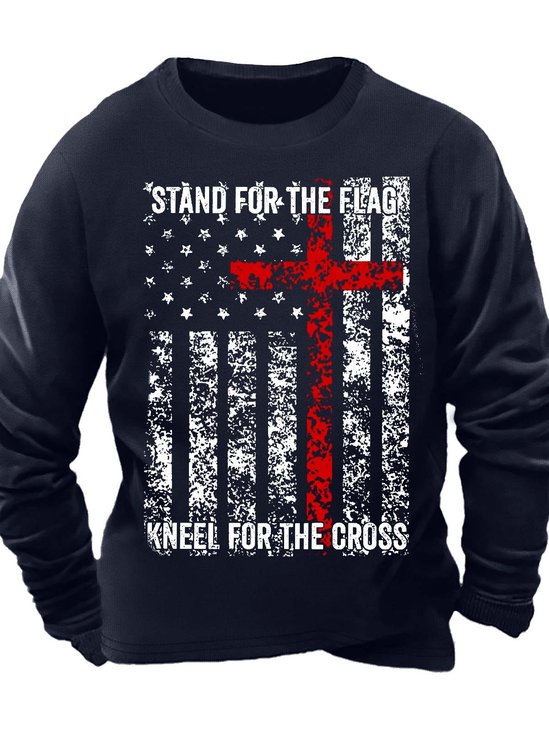 Men’s Stand For The Flag Kneel For The Cross Text Letters Crew Neck Casual Regular Fit Sweatshirt
