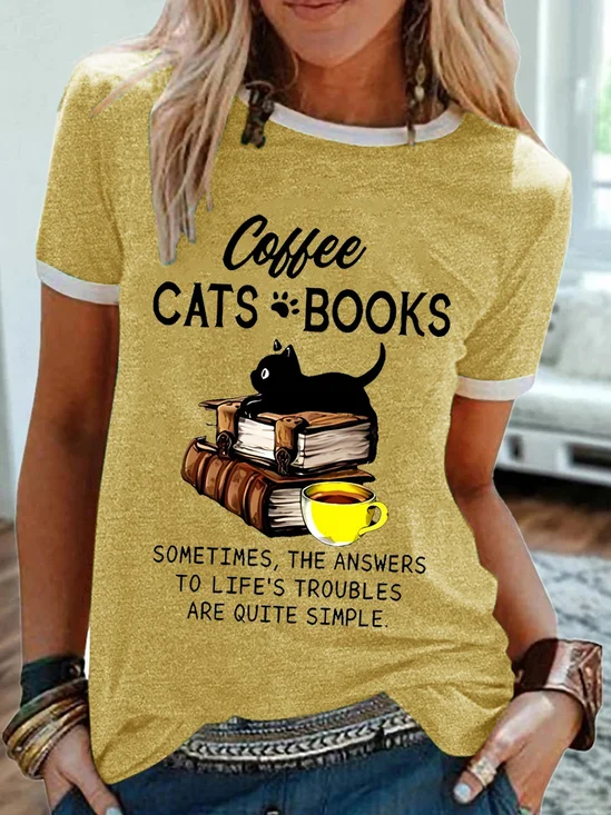 Women's Books Cat Coffee Vintage Print Simple Crew Neck T-Shirt