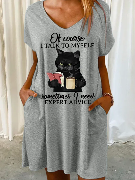 Women‘s Funny Black Cat Books Of Course I Talk To Myself Sometimes I Need Expert Advice Casual V Neck Dress