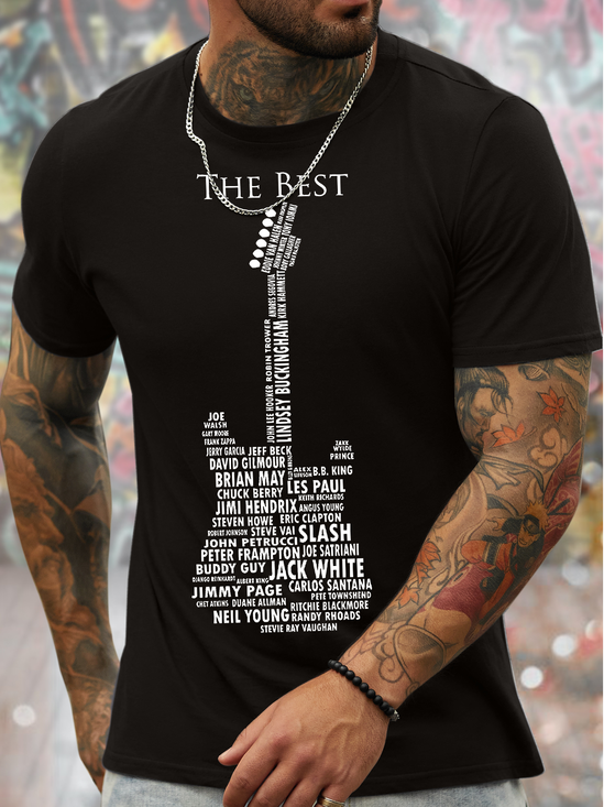 Men's The Best Guitar Funny Love Music Graphic Print Text Letters Loose Cotton Casual T-Shirt