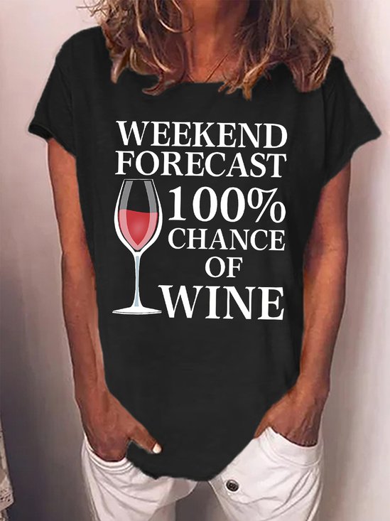 Women's Weekend Forecast 100% Chance Of Wine Funny Graphic Print Casual Loose Cotton Text Letters T-Shirt