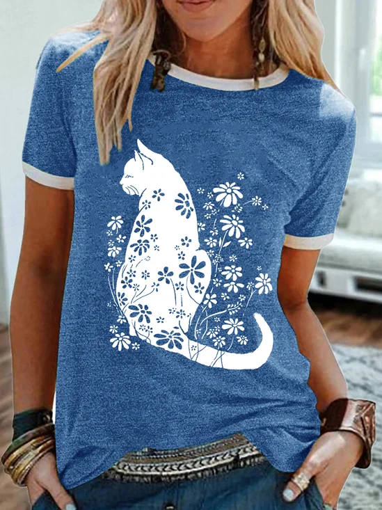 Women's Cat Flower Print Casual T-Shirt