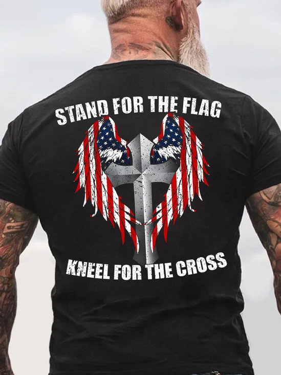 Men's Stand For The Flag Kneel For The Cross Funny Graphic Printing Casual Text Letters Cotton Crew Neck T-Shirt