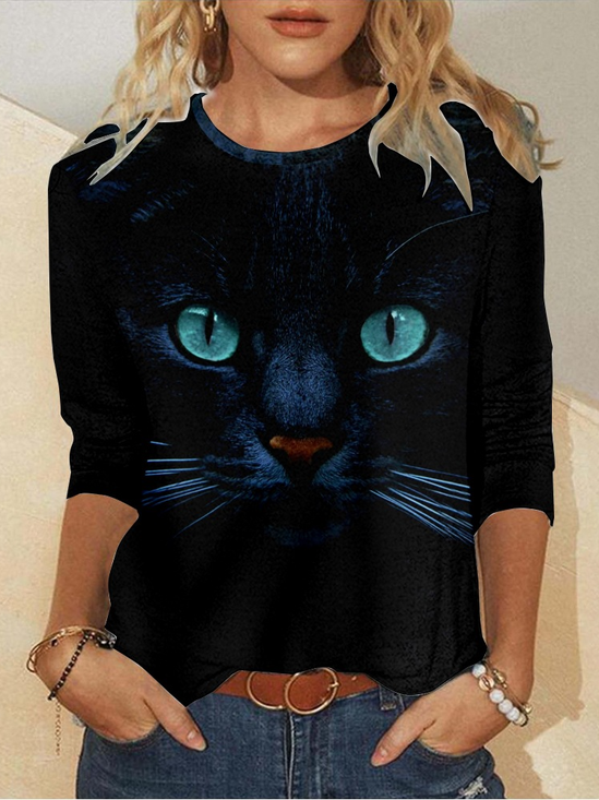 Women's 3D Black Cat Art Print Crew Neck Cat Casual Regular Fit Shirt