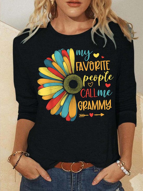 Women's My Favorite People Call Me Grammy Funny Graphic Printing Regular Fit Casual Crew Neck Sunflower Shirt