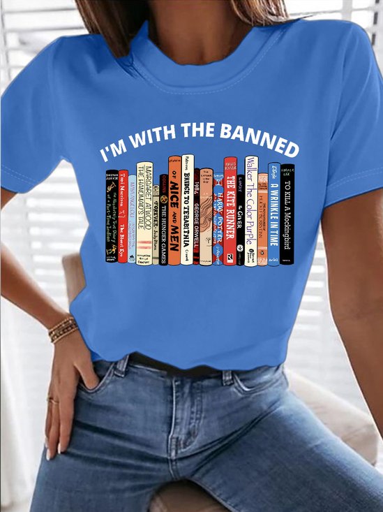Women's I'm With The Banned Library For Book Lovers Funny Graphic Printing Text Letters Casual Cotton Loose T-Shirt