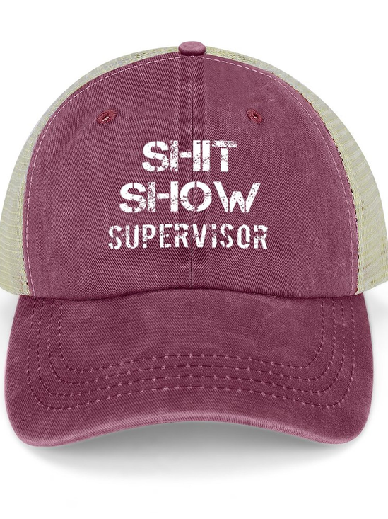 Mens Shit Show Supervisor Funny Graphics Printed Text Letters Washed Mesh Back Baseball Cap