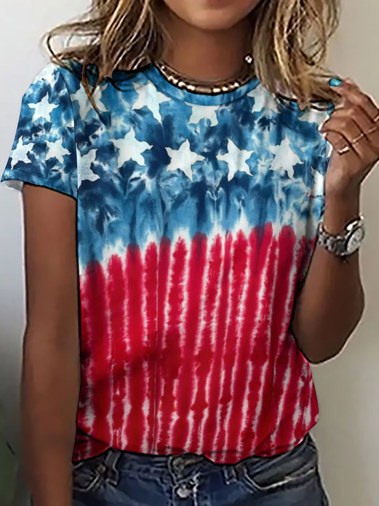 Women's Crew Neck Simple Tie-Dye Pattern America Flag Loose T-Shirt