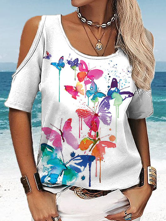 Women's Butterfly Cotton-Blend Loose Casual Solid Drop Shoulder T-Shirt
