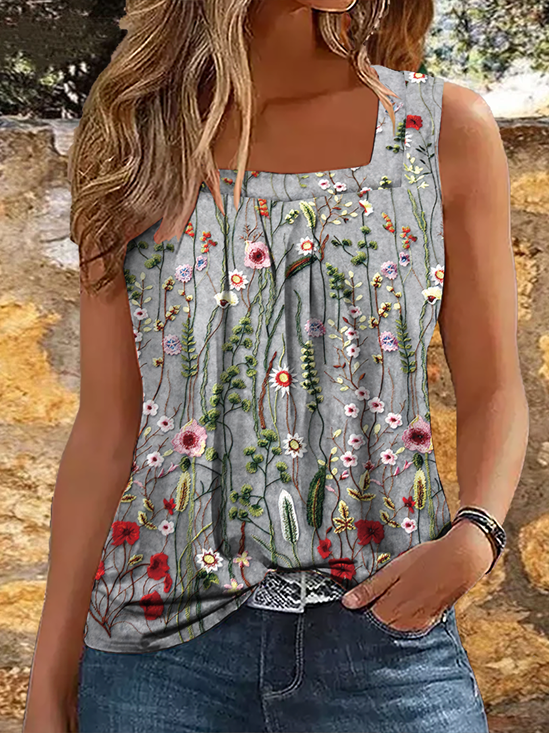 Women's Casual Loose Square Neck Floral Tank Top