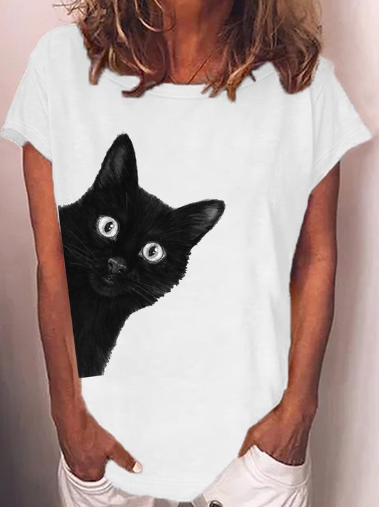 Women's Black cat Print Crew Neck Casual T-Shirt