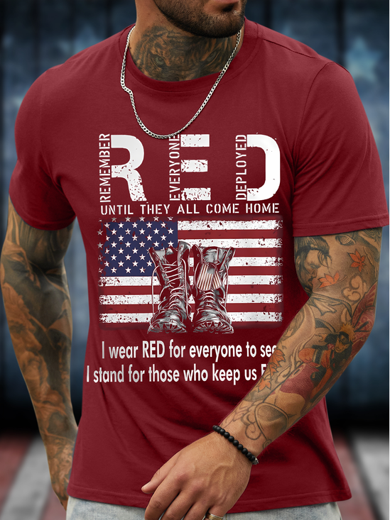 Men's Funny Red Remamber Everyone Deployed Until They All Come Home I Wear Res For Everyone To See I Stand For Those Who Keep Us Free Graphic Printing Loose Casual Cotton Crew Neck T-Shirt
