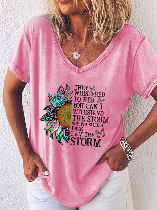Women's They Whispered To Her You Cannot Withstand The Storm Loose Simple Butterfly V Neck T-Shirt
