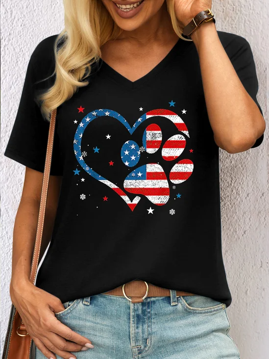 womens Heart Paw Print Patriotic Cat Dog Lover V Neck Casual T-Shirt