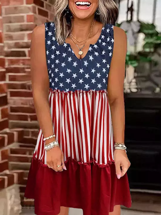 Women's American Flag Star Vertical Striped Ruffled Mini Dress