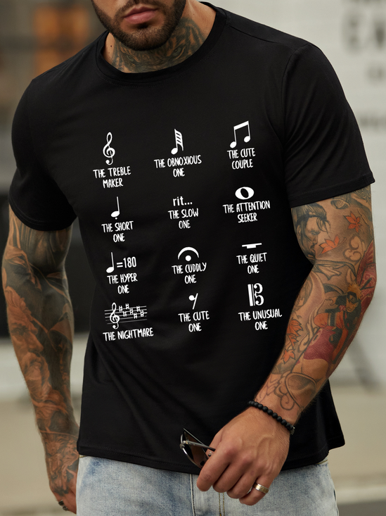 Men's Funny Symbol Music Crew Neck Casual Text Letters T-Shirt