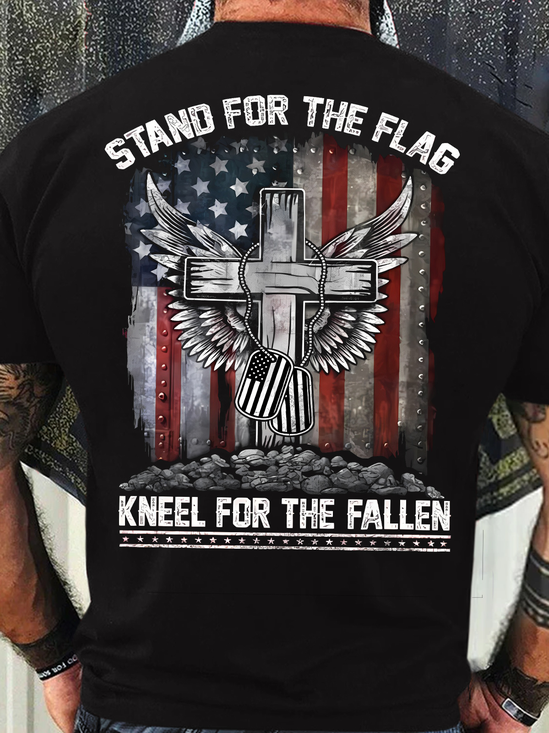Men's Funny Stand For The Flag Kneel For The Fallen Flag Cross Graphic Printing Casual Loose Cotton T-Shirt
