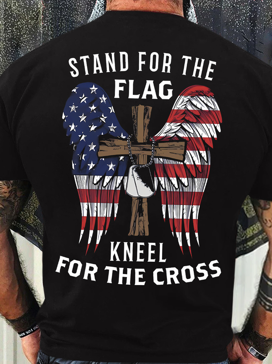 Men's Funny Stand For The Flag Kneel For The Cross Graphic Printing Casual Text Letters Cotton Crew Neck T-Shirt