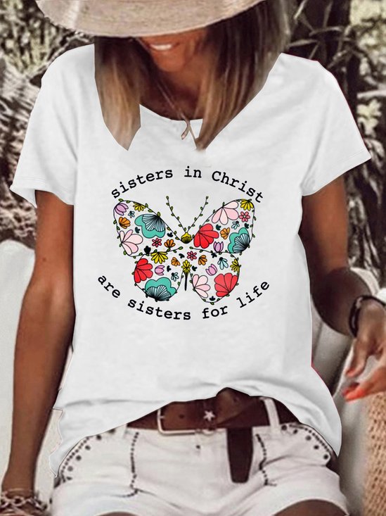 Women's Sisters in Christ Butterfly Casual  Letters T-Shirt