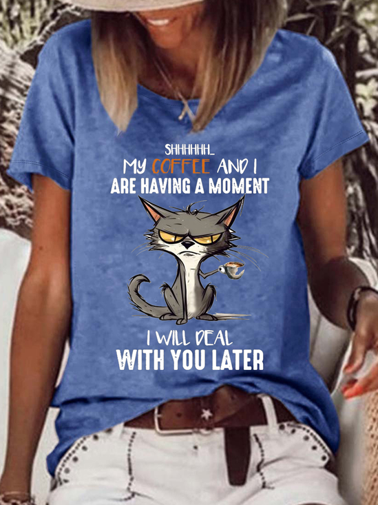 Women's Funny Cat Coffee Saying Coffee Lovers Casual Cat Loose T-Shirt