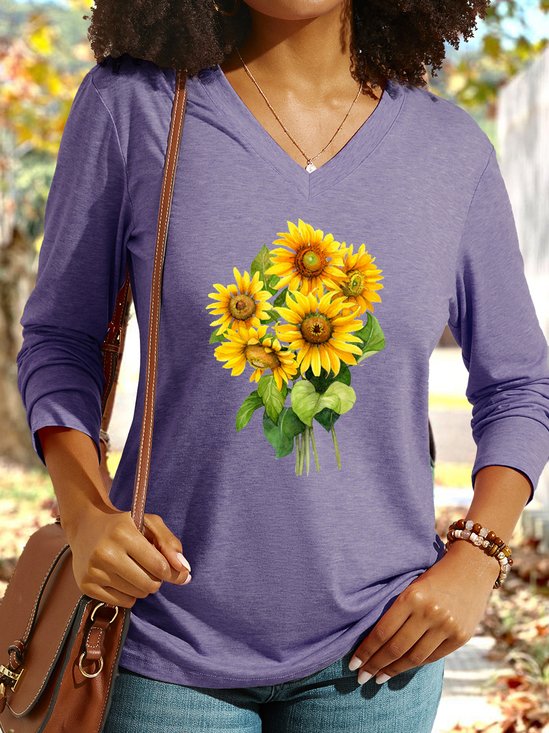 Women's Sunflower Graphic V Neck Casual Shirt
