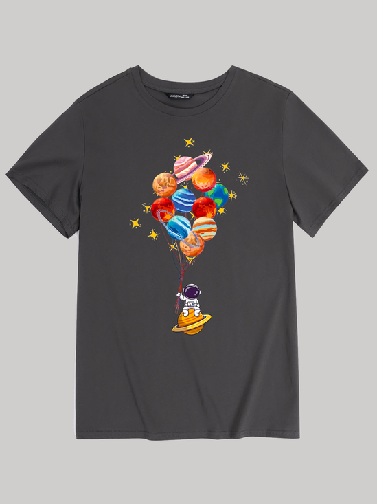 Men's Space Balloon Astronaut Cotton Casual Loose T-Shirt