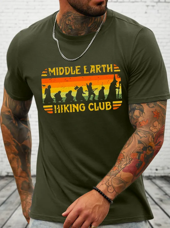 Men‘s Middle Earth Hiking Club Loose Text Letters Casual Cotton T-Shirt