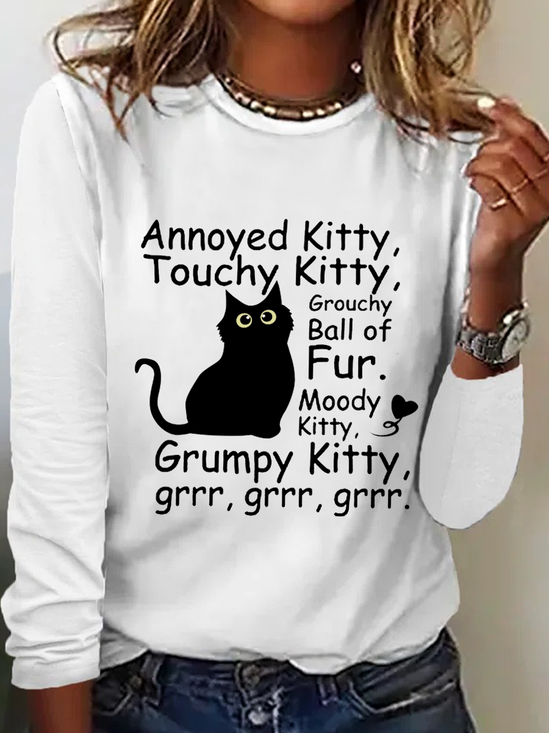 Funny Cat Casual Crew Neck Cotton-Blend Shirt