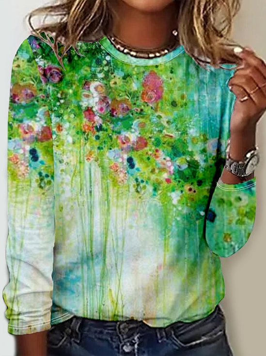 Casual Crew Neck Floral Long Sleeve Shirt