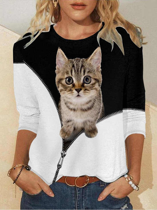 Funny Cat Casual Crew Neck Animal Long Sleeve Shirt