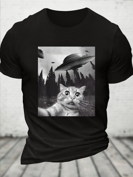 Cotton Funny Cat Spaceship Print Casual Loose T-Shirt