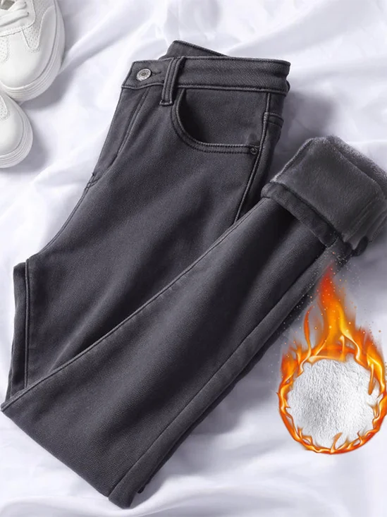 Casual Plain Fluff/Granular Fleece Fabric Jeans