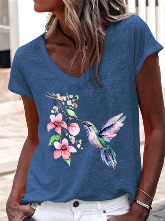 Women's Hummingbird Watercolor Nature Bird Lover V Neck Casual Regular Fit T-Shirt