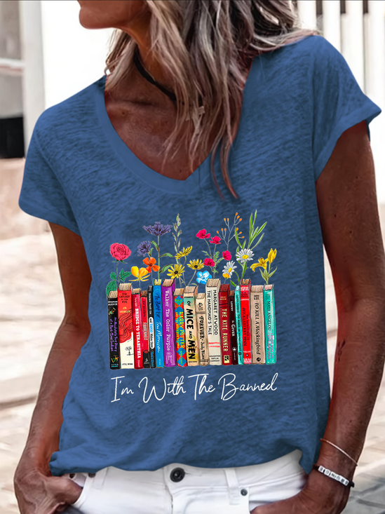Women's I'm With The Banned Flowers Book Lover Gift Regular Fit V Neck Floral Casual T-Shirt