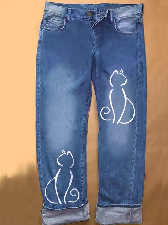Funny Cat Denim Printed Jeans