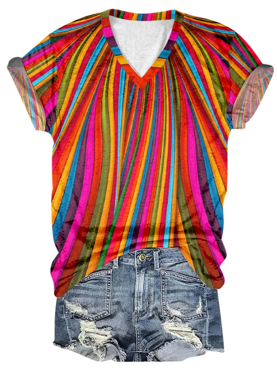 Loose Crew Neck Casual Abstract Stripes T-Shirt