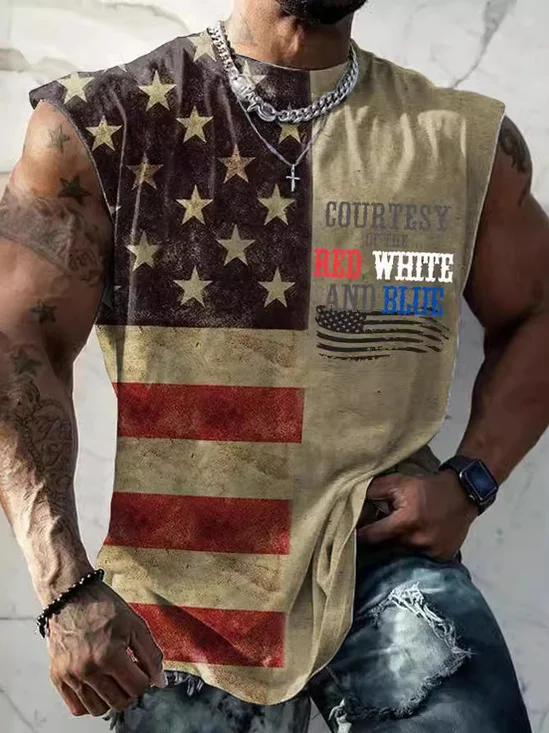 Men's Courtesy Of The Red White And Blue Printed Crew Neck Loose Casual Tank Top