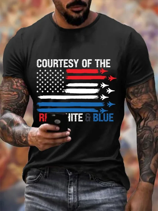 Men's Courtesy Of The Red White And Blue Printed Loose Cotton Casual T-Shirt