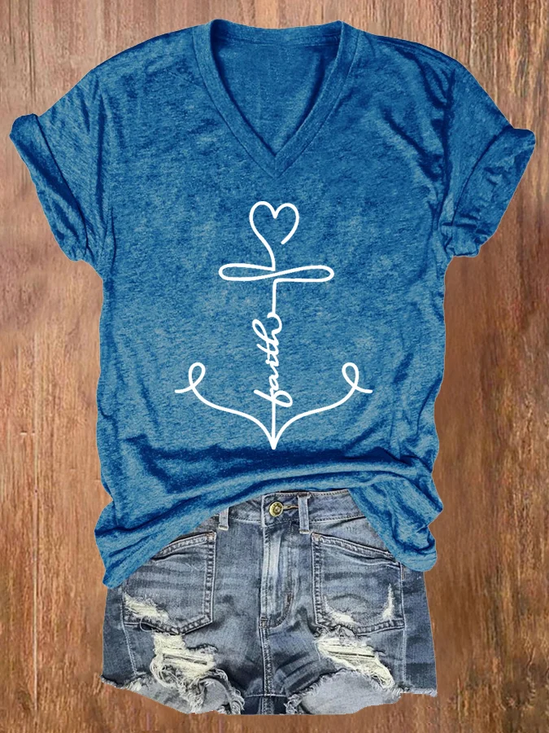 Women's Faith Anchor Print V Neck T-shirt