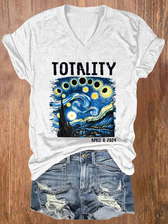 V-neck Retro Starry Night & Totality Solar Eclipse Of April 8, 2024 Print T-Shirt