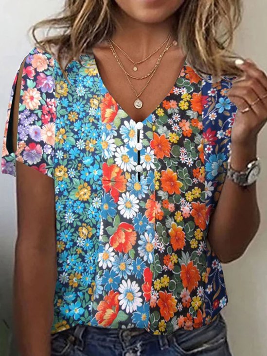 Buckle Floral Casual Loose T-Shirt