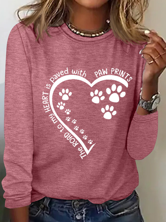 Women's Dog Lovers The Road To My Heart Is Paved With Paw Prints Text Letters Simple Long Sleeve Shirt