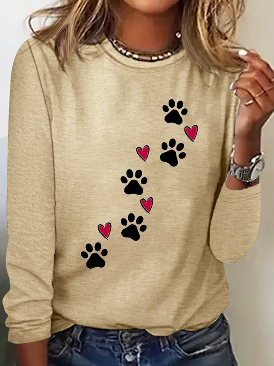 Heart Dog V Neck Text Letters Simple Long Sleeve Shirt
