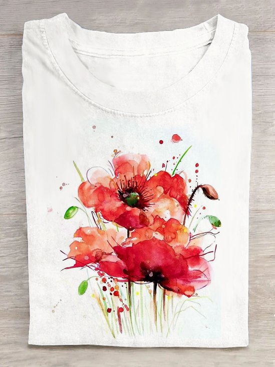 Casual Summer Floral Short Sleeve Loose Crew Neck H-Line T-shirt