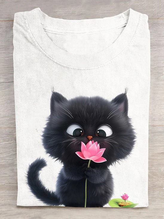Crew Neck Cat Cotton Casual T-Shirt