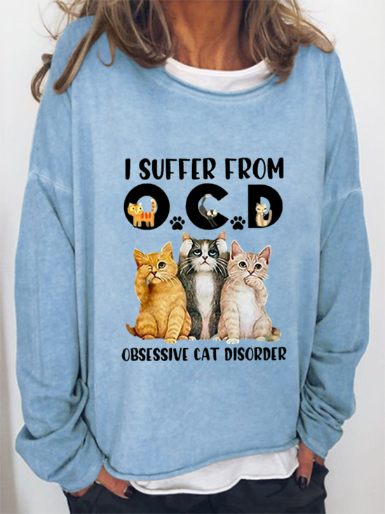 Women's I Suffer From OCD Cat Graphic Letter Funny Sweatshirt