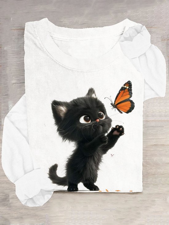 Cat & Butterfly Crew Neck Casual T-Shirt