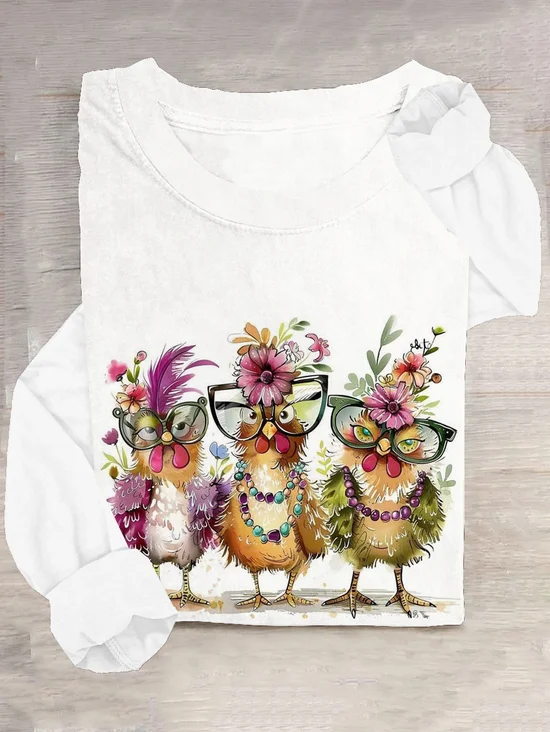 Funny Chicken Printed Casual Crew Neck Long Sleeve T-Shirt