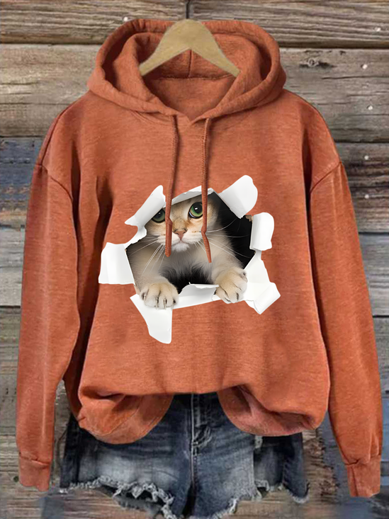 Funny 3D Cat  Loose Cotton-Blend Text Letters Casual Hoodie